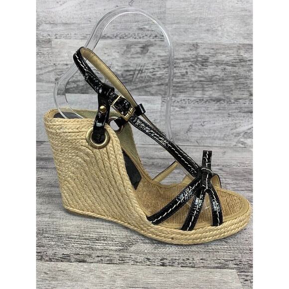 Midas Womens Size 6M Black Patent Leather Strap Espadrille Wedge Sandals - Picture 4 of 8